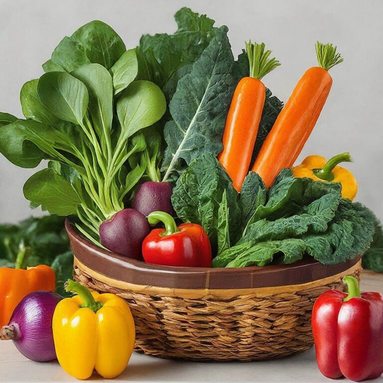A colorful, overflowing basket or table filled with a diverse range of the vegetables mentioned earlier (spinach, kale, carrots, bell peppers, etc.). The vegetables should appear fresh, crisp, and visually appealing.